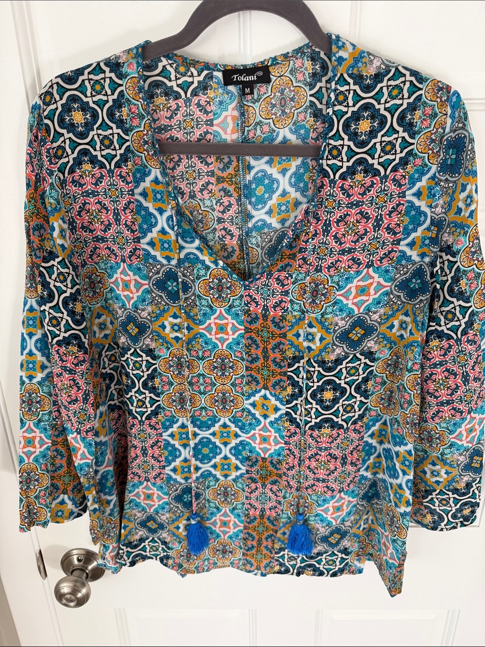 Tolani 100% Silk Boho Chic Geometric Mosaic
Tile Print Tassel Blouse - Size M
